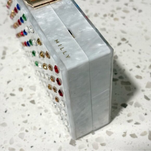 Milly Box Acrylic Clutch Swarovski Crystal Rainbow Stripe Removable Chain - Picture 3 of 14